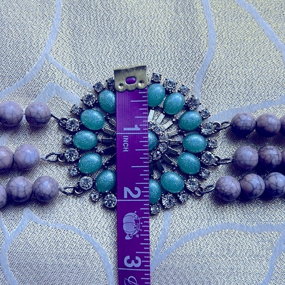 Gray Beaded Turquoise Rhinestones Gold Necklace 19” Center Pendant 2.5” - Picture 8 of 10